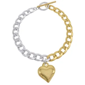 Tarnish Resistant Mixed Metal Heart Chain Toggle Bracelet