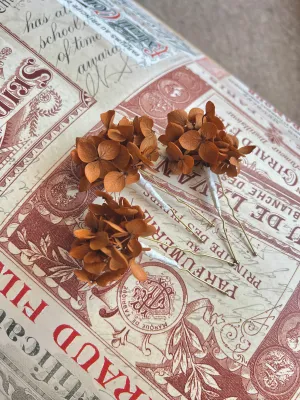 Terracotta Burnt Orange Dried Flower Hair Pins, Rustic Wedding Preserved Hydrangea Mini Head Piece, Boho Bridal Real Floral Hair Pins