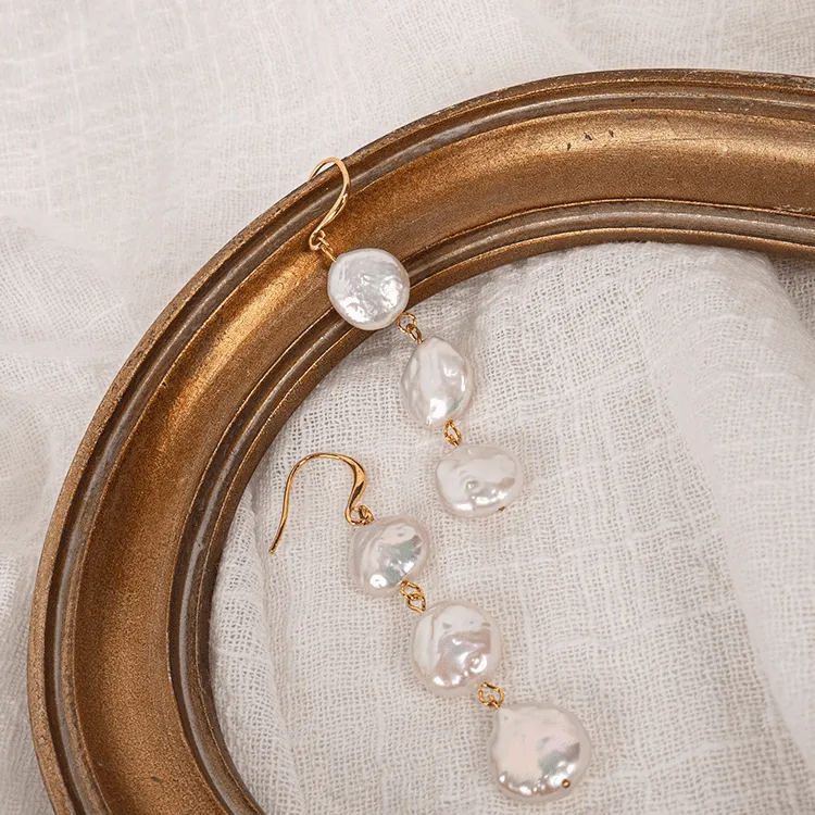 Triple Coin Pearl Drop Earrings