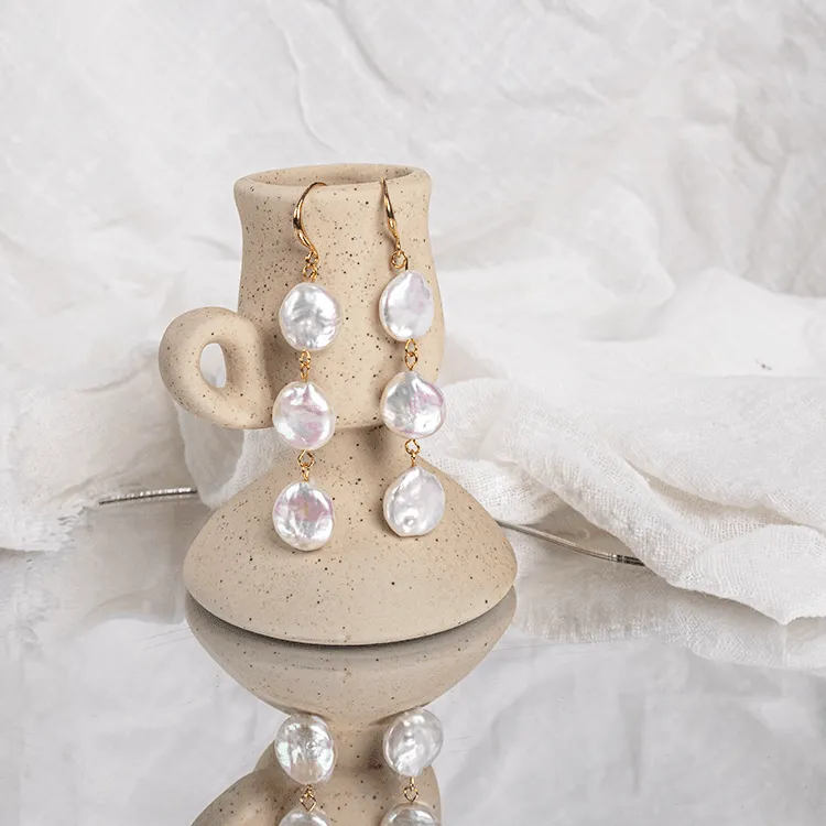 Triple Coin Pearl Drop Earrings