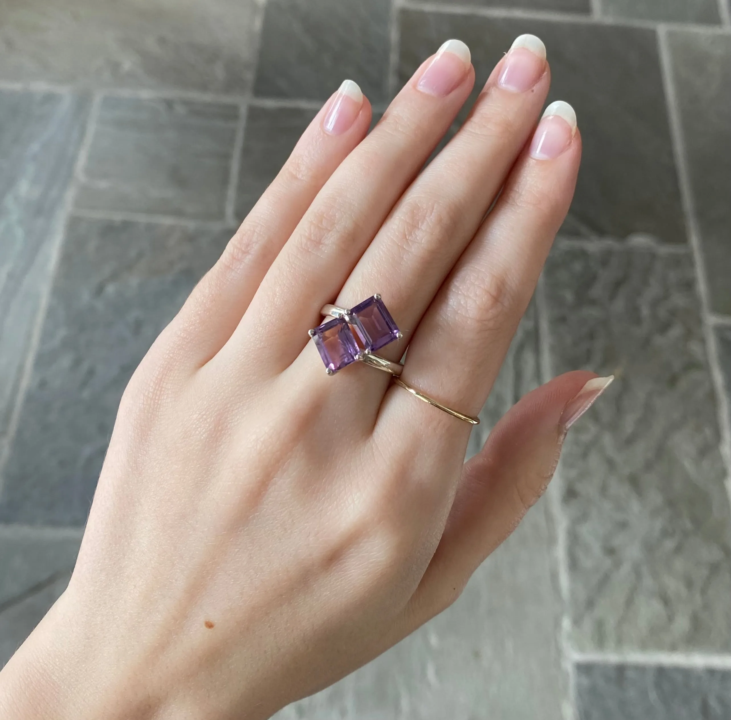 Two Stone Amethyst Bypass Silver Ring