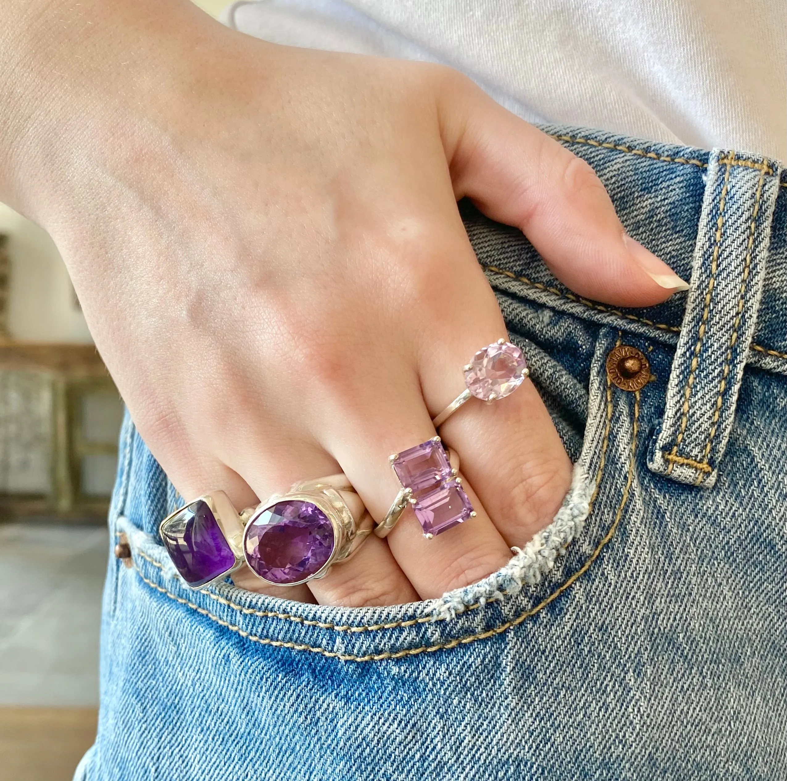 Two Stone Amethyst Bypass Silver Ring