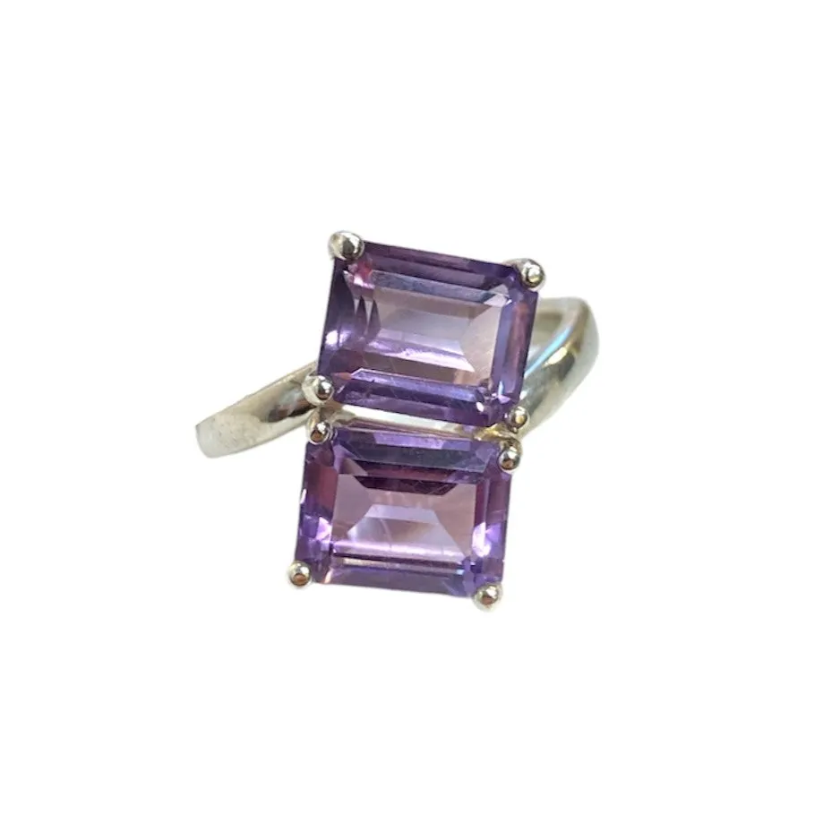 Two Stone Amethyst Bypass Silver Ring