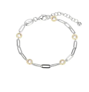 Two Tone Sterling Silver Bezel CZ Station Paperclip Bracelet (SI6078)