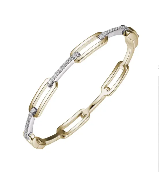 Two Tone Sterling Silver Paperclip CZ Bangle Bracelet (SI5302)