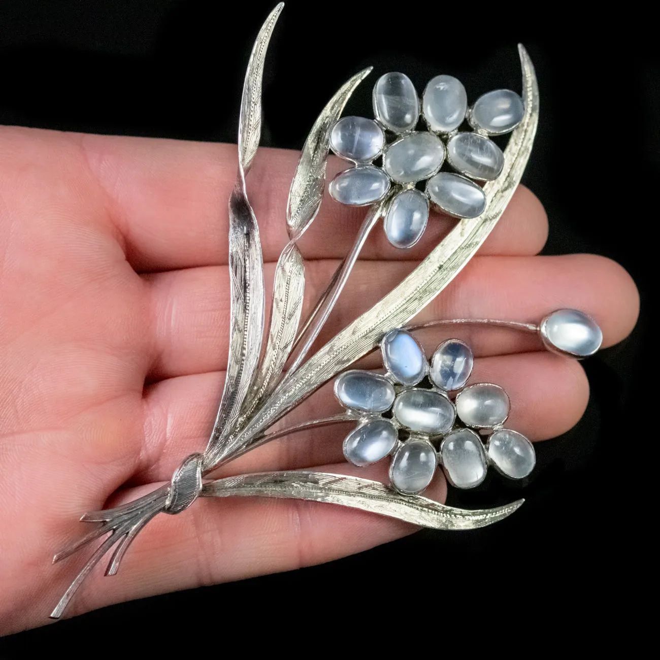 Vintage Moonstone Flower Spray Brooch Silver 38ct of Moonstone