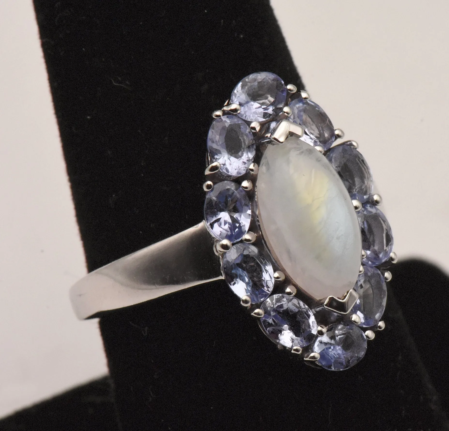 Vintage Sterling Silver Rainbow Moonstone and Tanzanite Ring - Size 8