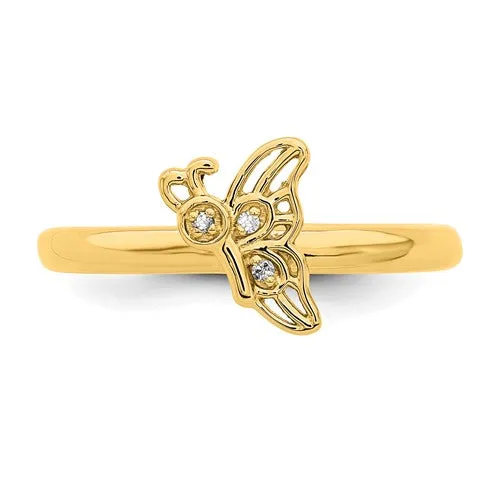 Yellow Gold Plated Sterling Silver Stackable Expressions Diamond Butterfly Ring